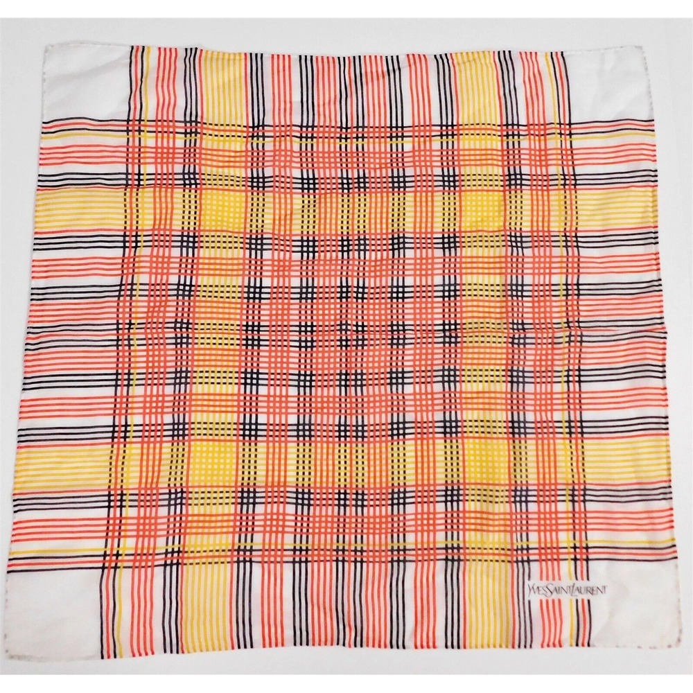 YSL Yves‎ Saint Laurent Multi Plaid 100% Cotton Scarf Italy 20 x 20 inch